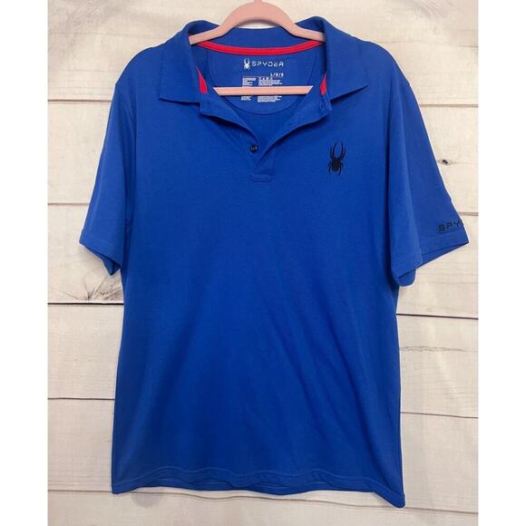 Spyder Polo Shirt Large Blue 3 Button Cotton Poly Logo Short Sleeves - Picture 1 of 5